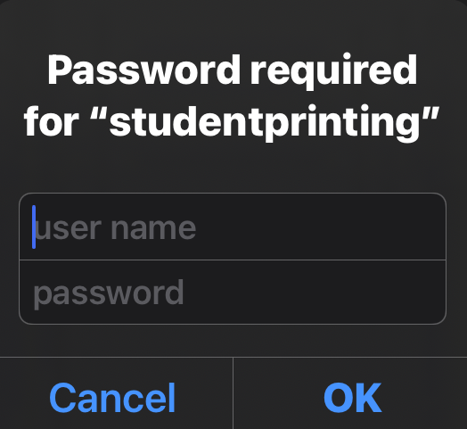 PaperCut user name and password